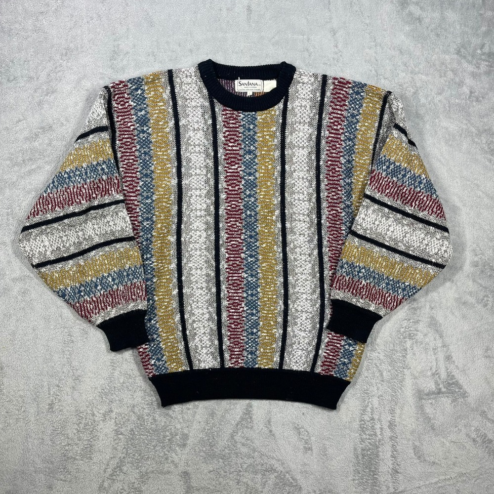 Santana Ltd Sweater Mens L Multicolor Vintage Vertical Stripe Textured Knit 90's